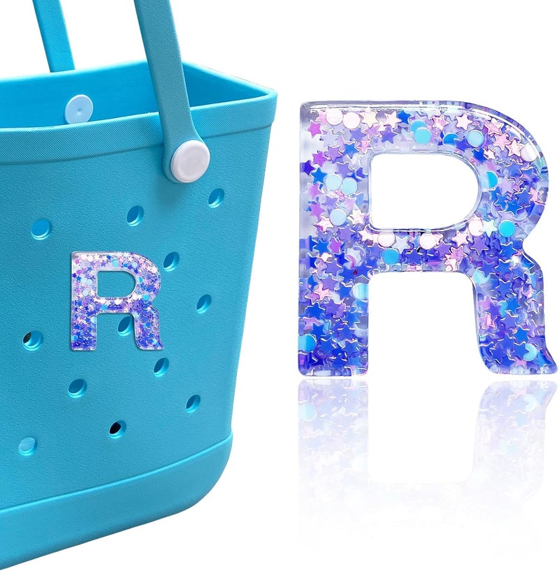 HLUWA Letter Charms for Bogg and Simply Southern Bags - Alphabet Purple Star Sequin Lettering Accessories - Insert Decorative Letters for Handbag Beach Tote - Image 1